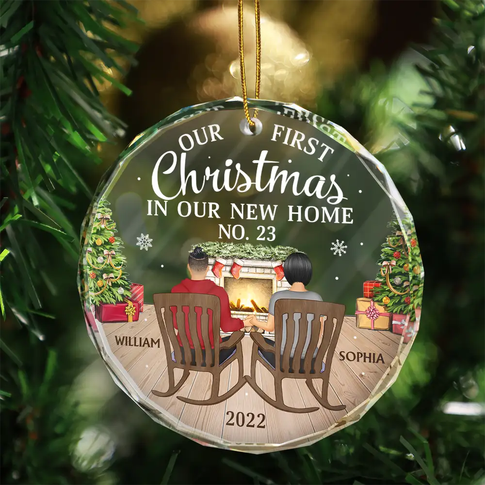 First Christmas In New Home Family Couples - Personalized Circle Glass Ornament - Image 3