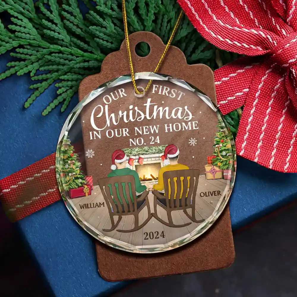 First Christmas In New Home Family Couples - Personalized Circle Glass Ornament - Image 5