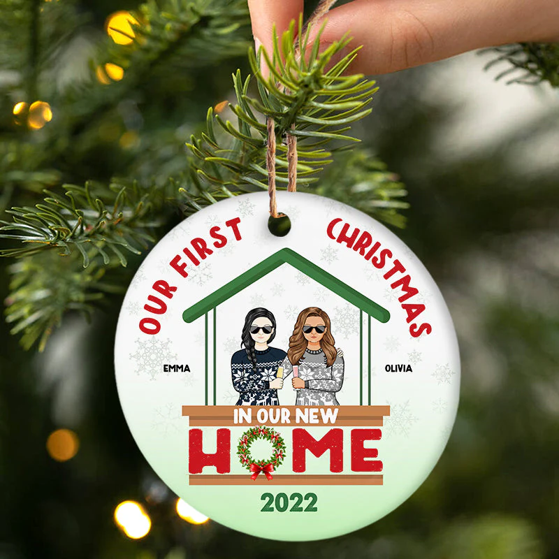 First Christmas In Our New Home - Gift For Couple - Personalized Custom Circle Ceramic Ornament - Image 2