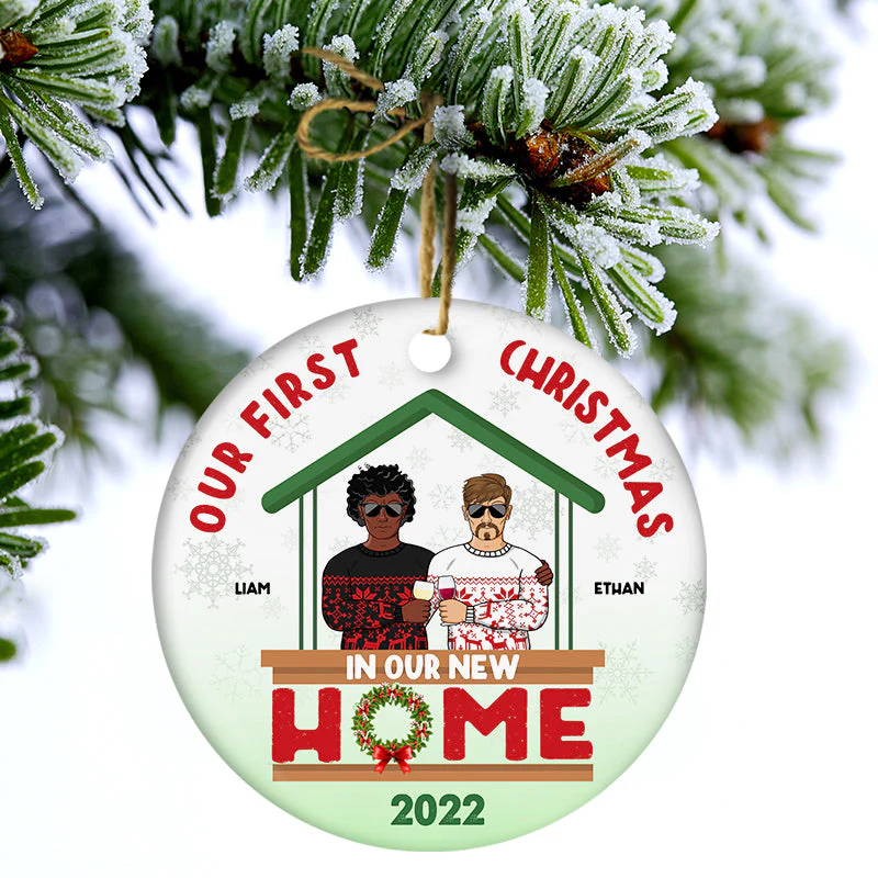 First Christmas In Our New Home - Gift For Couple - Personalized Custom Circle Ceramic Ornament - Image 3