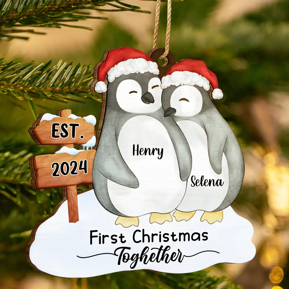 First Christmas Married Penguin Couple - Personalized Custom Shaped Wooden Ornament - Image 3