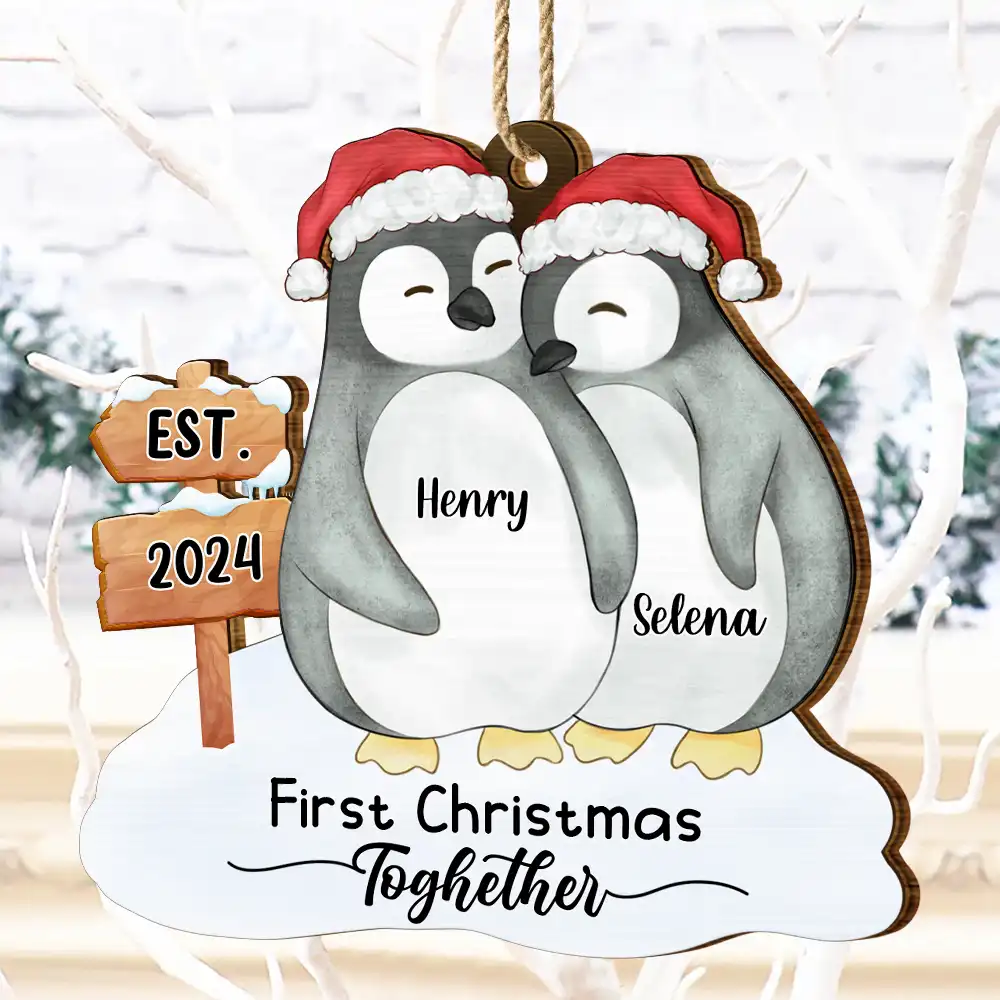 First Christmas Married Penguin Couple - Personalized Custom Shaped Wooden Ornament - Image 4