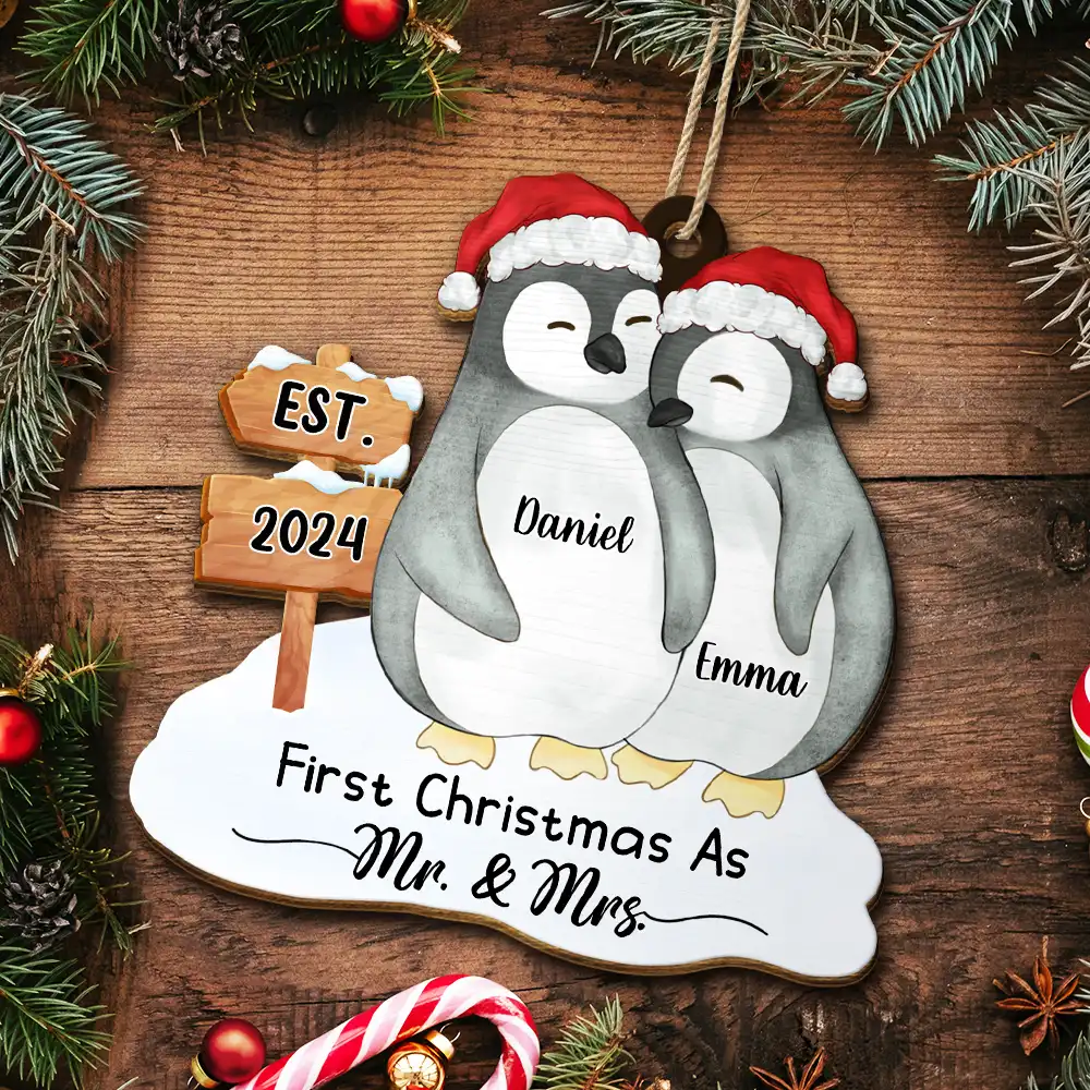 First Christmas Married Penguin Couple - Personalized Custom Shaped Wooden Ornament - Image 5