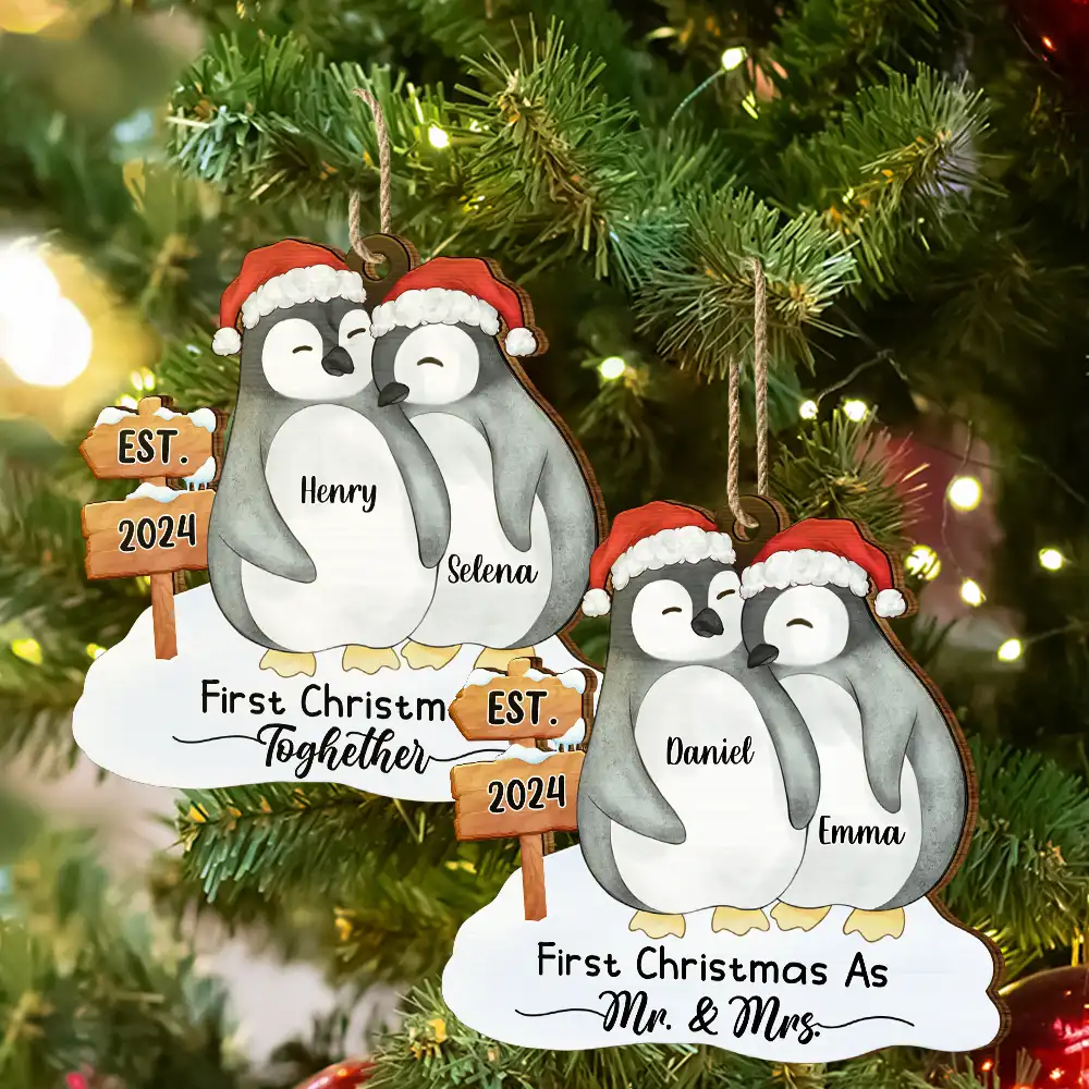 First Christmas Married Penguin Couple - Personalized Custom Shaped Wooden Ornament - Image 6