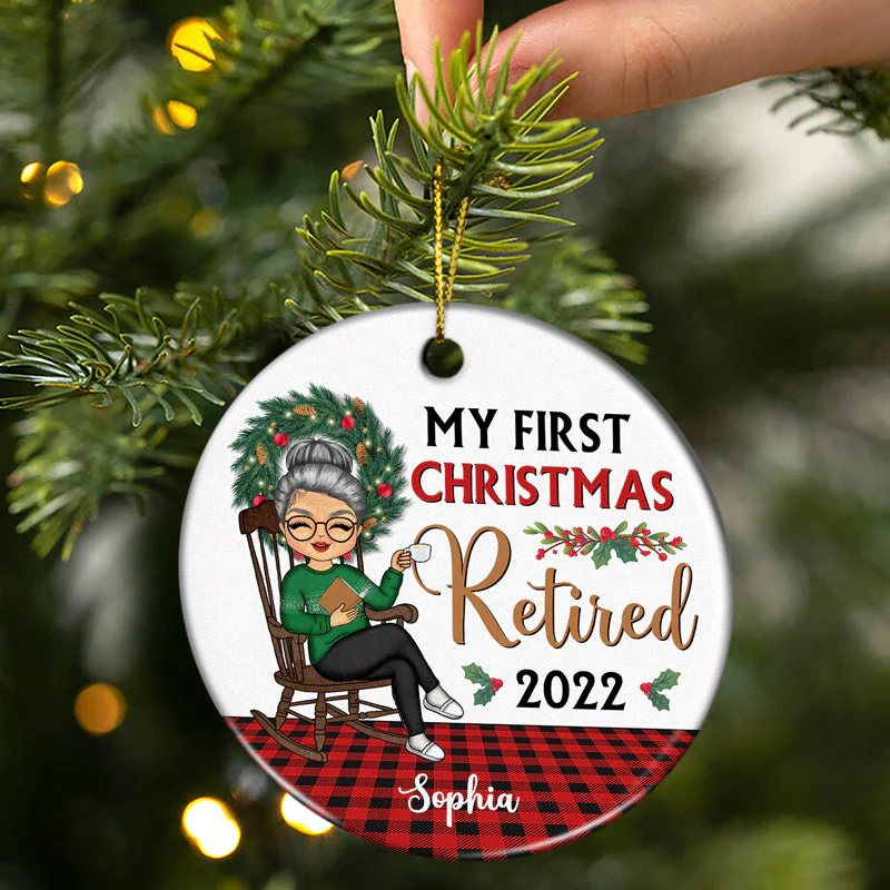 First Christmas Retired - Personalized Custom Circle Ceramic Ornament - Image 2