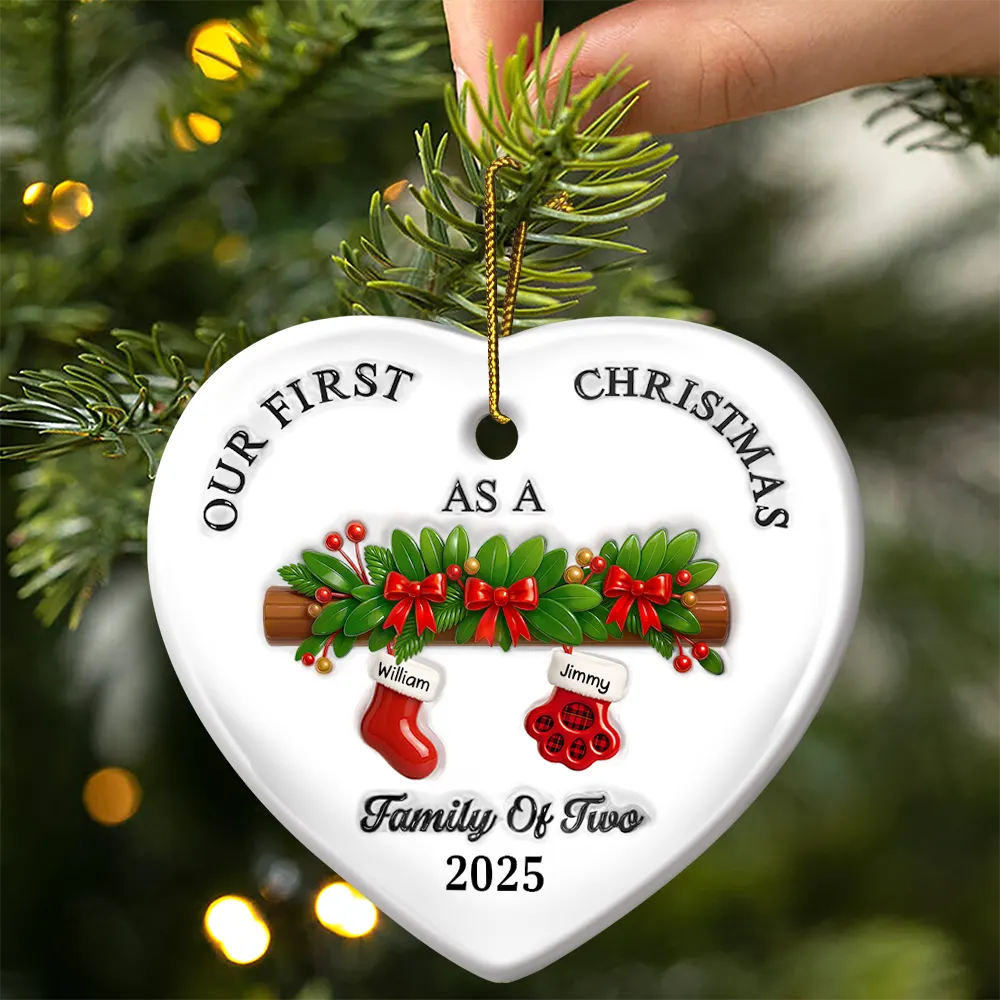 First Christmas Stocking Family - 3D Inflated Effect Printed Ornament, Personalized Heart Ceramic Ornament - Image 2