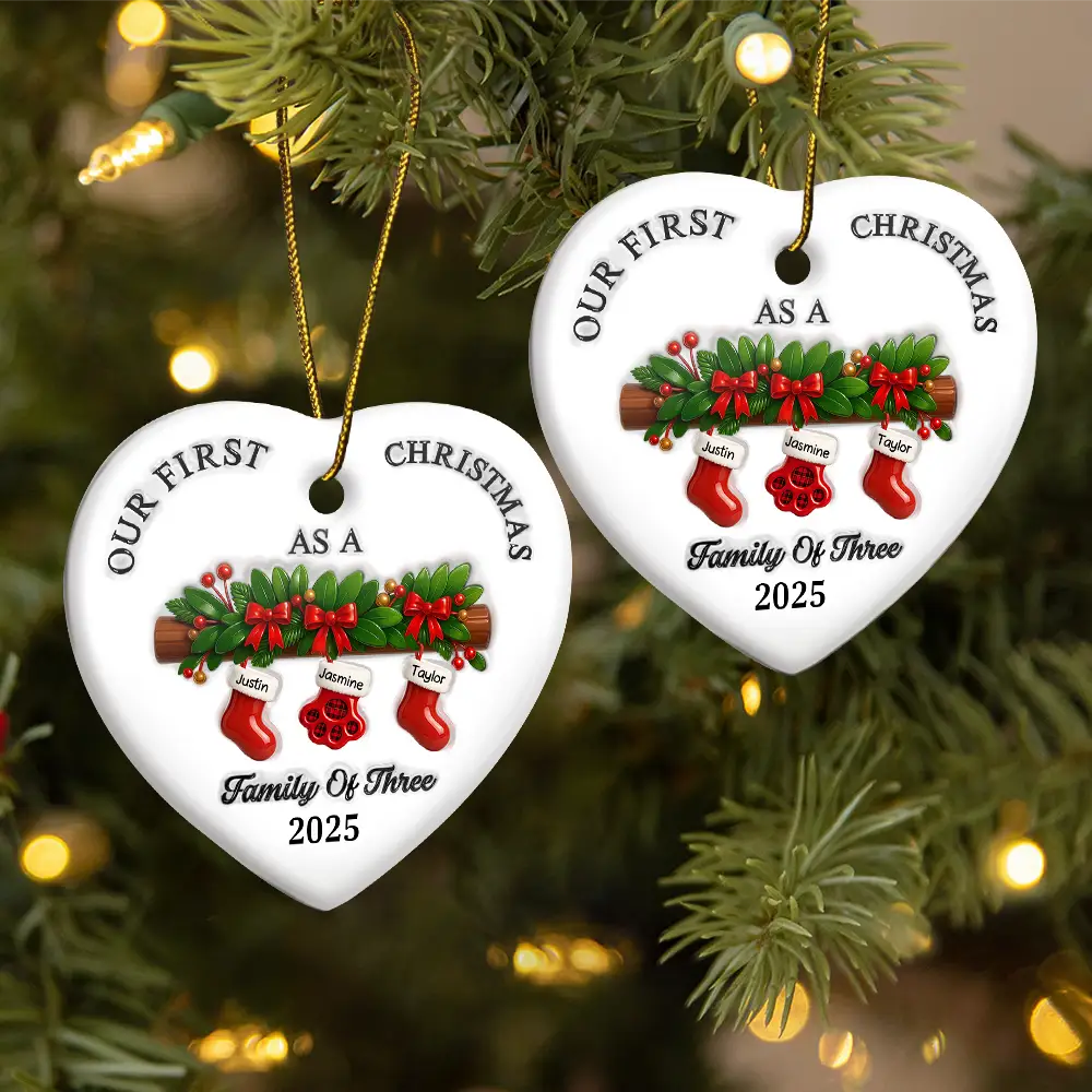 First Christmas Stocking Family - 3D Inflated Effect Printed Ornament, Personalized Heart Ceramic Ornament - Image 3