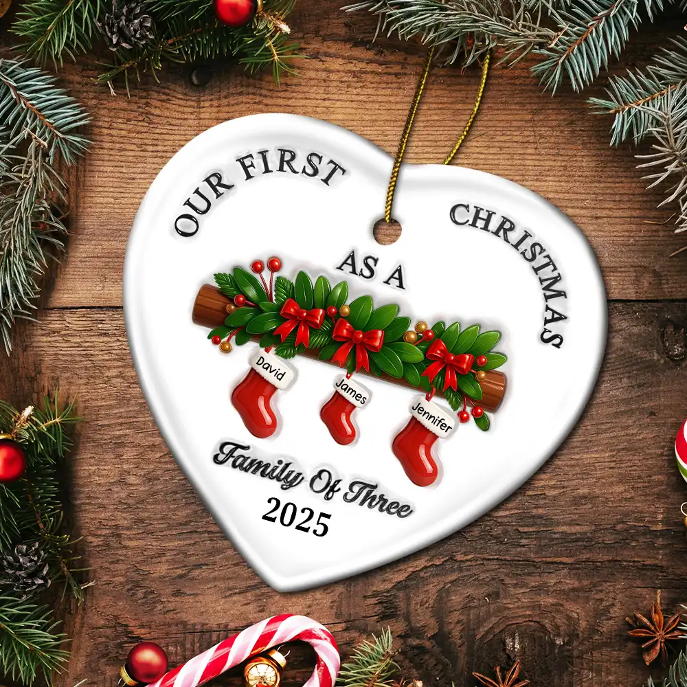 First Christmas Stocking Family - 3D Inflated Effect Printed Ornament, Personalized Heart Ceramic Ornament - Image 5