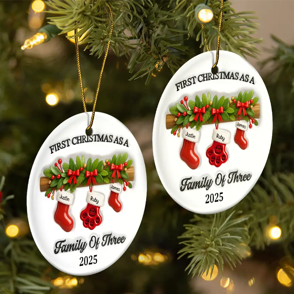 First Christmas Stocking Family - Personalized Circle Ceramic Ornament - Image 2