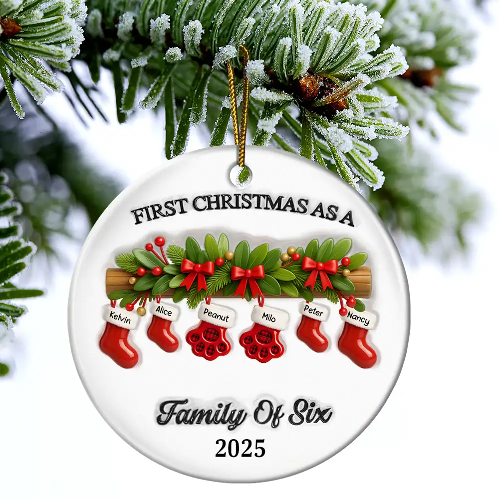 First Christmas Stocking Family - Personalized Circle Ceramic Ornament - Image 4