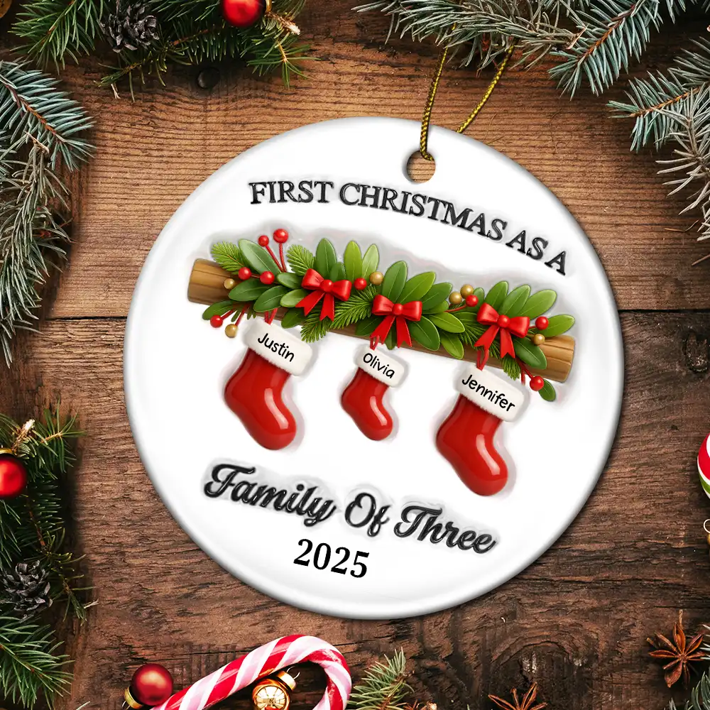 First Christmas Stocking Family - Personalized Circle Ceramic Ornament - Image 5