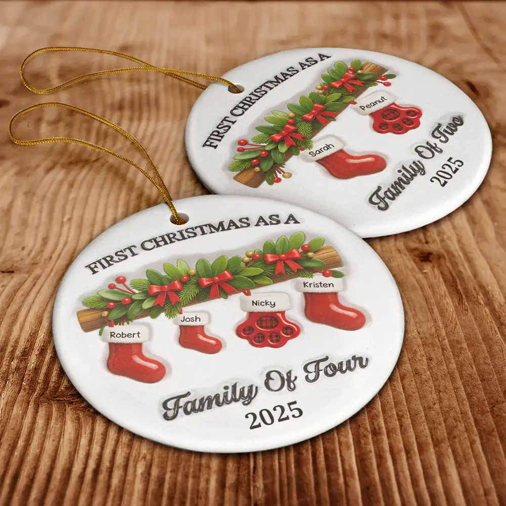 First Christmas Stocking Family - Personalized Circle Ceramic Ornament - Image 6