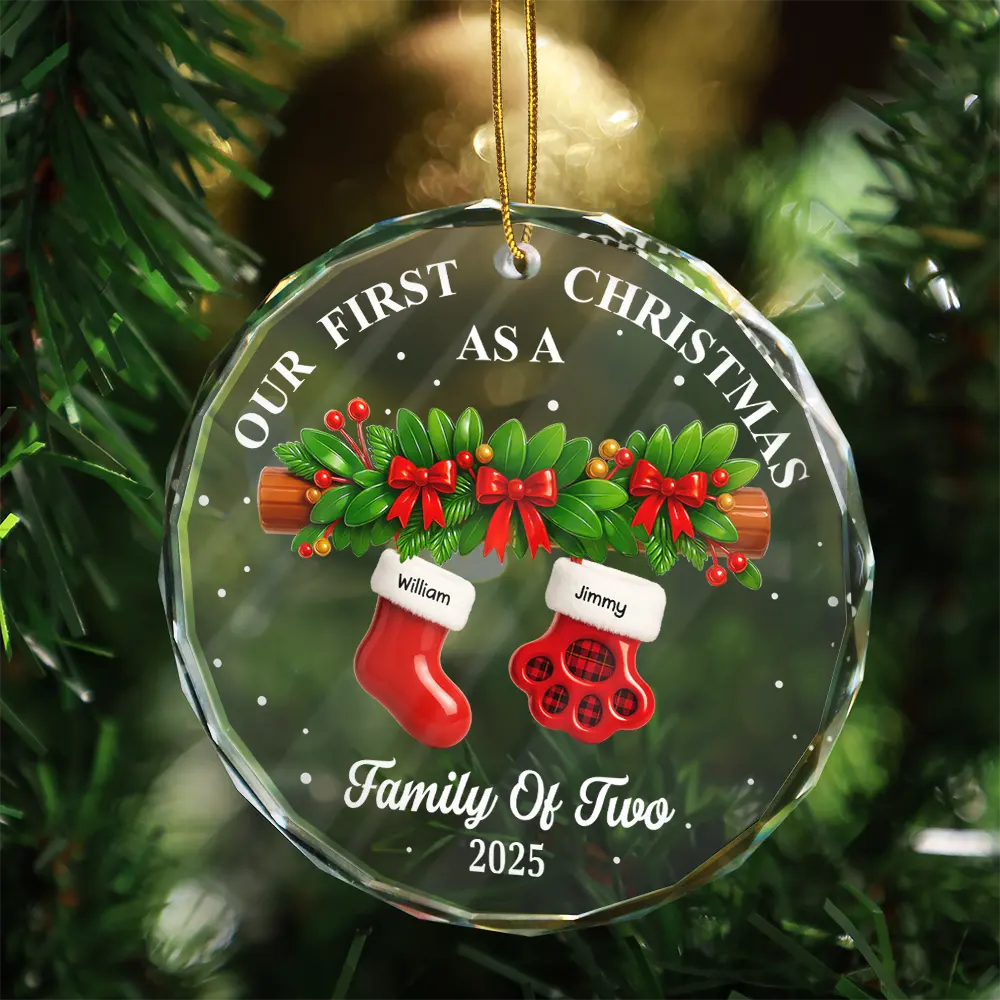 First Christmas Stocking Family - Personalized Circle Glass Ornament - Image 3