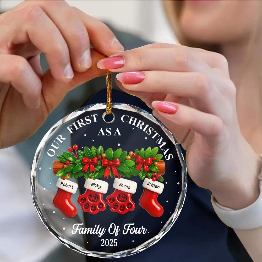 First Christmas Stocking Family - Personalized Circle Glass Ornament - Image 4
