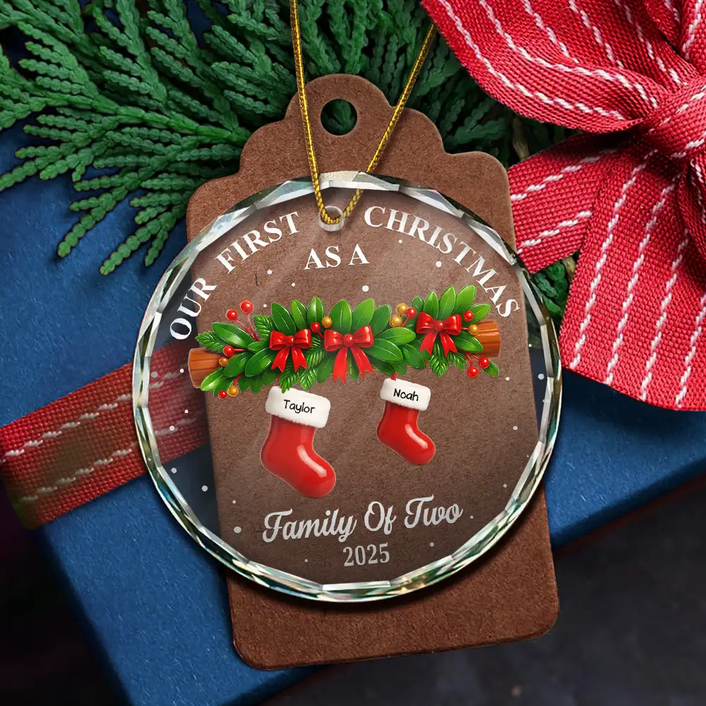 First Christmas Stocking Family - Personalized Circle Glass Ornament - Image 5
