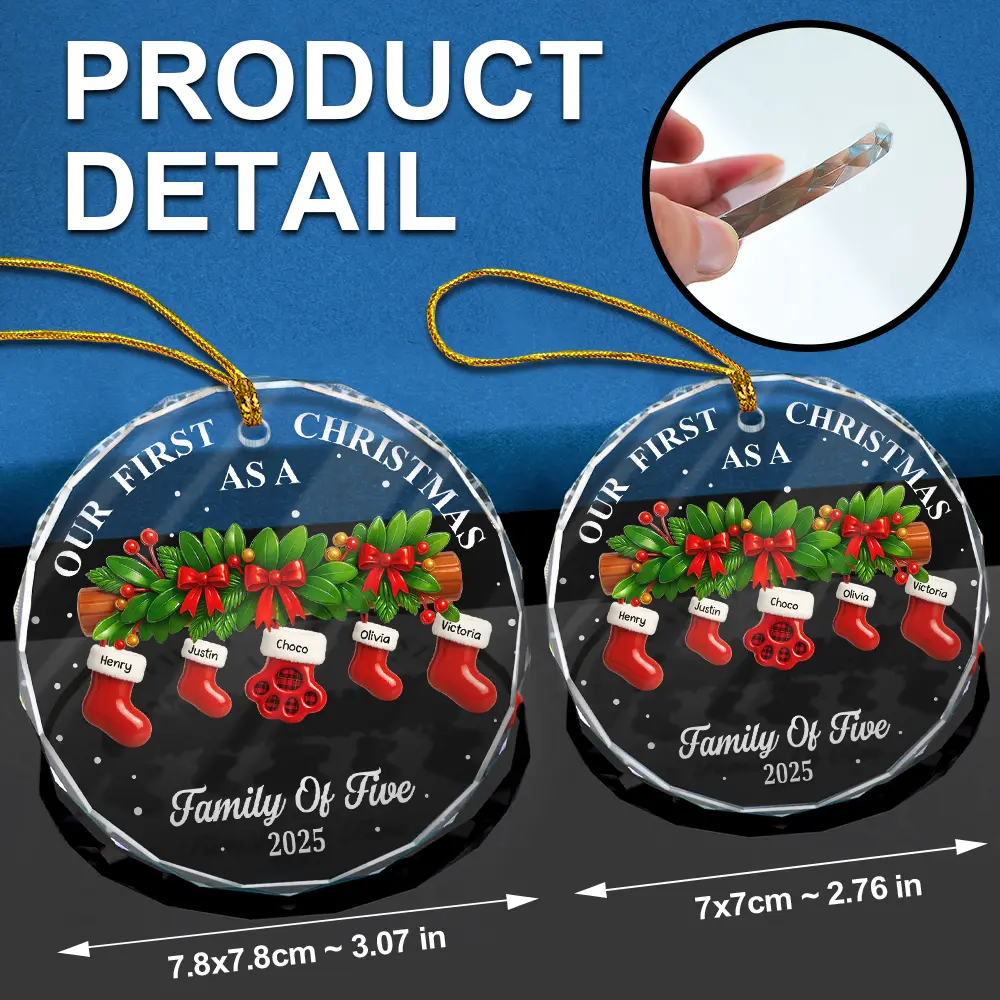 First Christmas Stocking Family - Personalized Circle Glass Ornament - Image 6