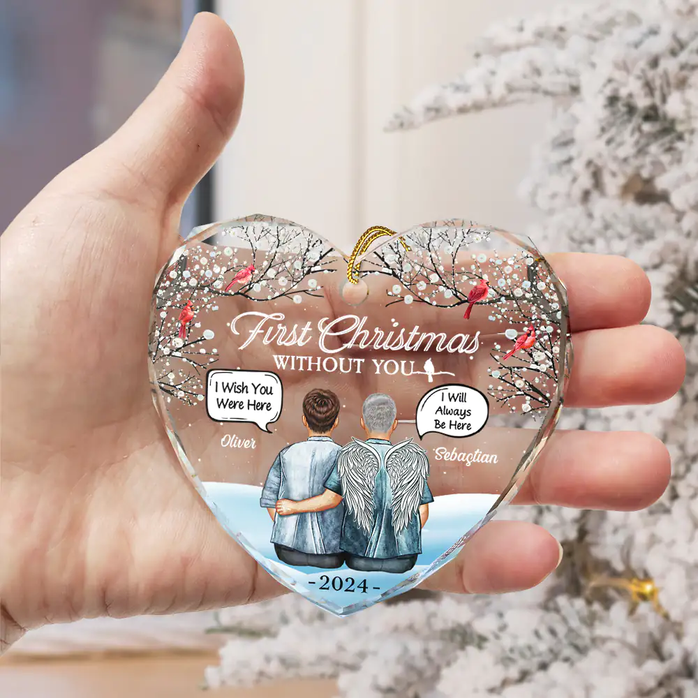 First Christmas Without You Couples Memorial - Personalized Heart Shaped Glass Ornament - Image 3
