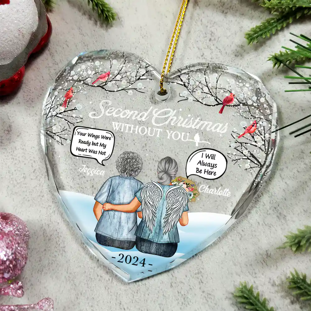 First Christmas Without You Couples Memorial - Personalized Heart Shaped Glass Ornament - Image 4