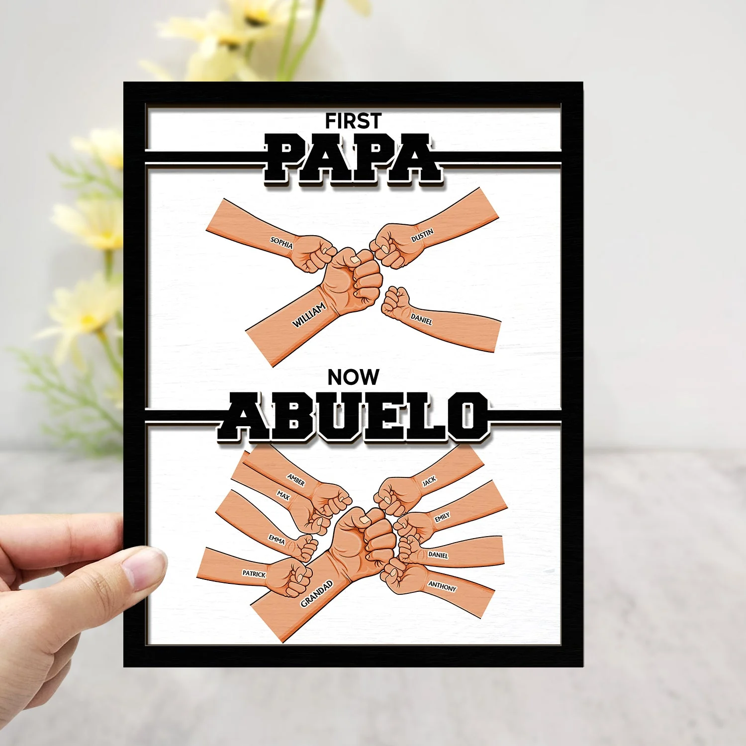First Dad Now Grandpa Hand Punch - Gift For Father, Grandpa - Personalized 2-Layered Wooden Plaque With Stand - Image 3