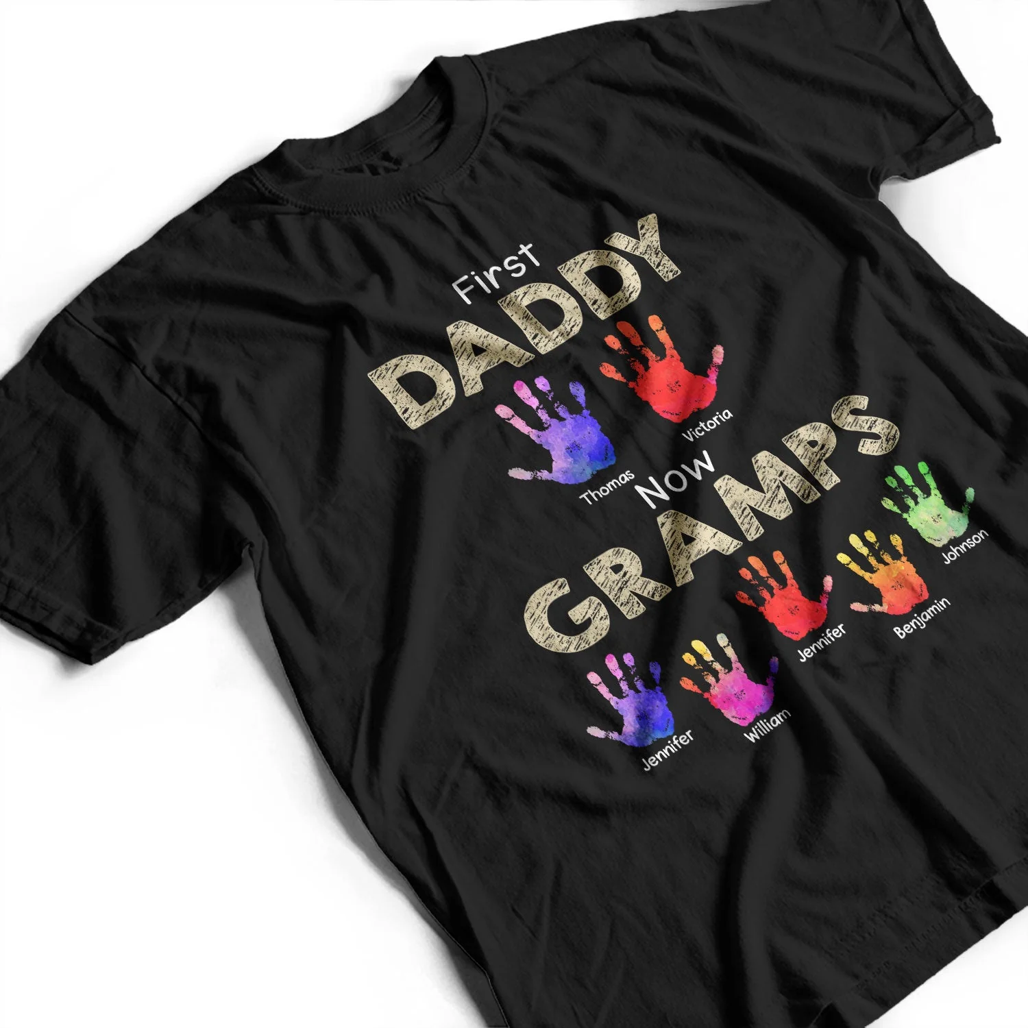First Dad Now Grandpa Handprints - Gift For Father, Grandfather - Personalized T Shirt - Image 3