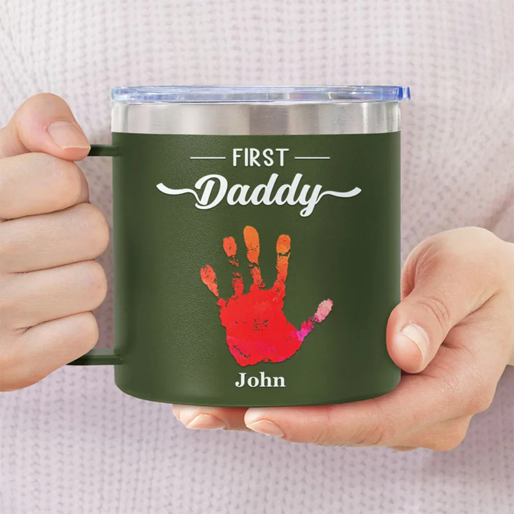 First Dad Now Grandpa - Personalized 14oz Stainless Steel Tumbler With Handle - Image 3