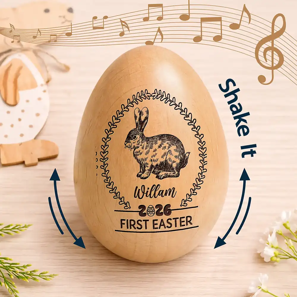 First Easter Bunny With Laurel Wreath - Personalized Musical Wooden Easter Egg Shaker - Image 2