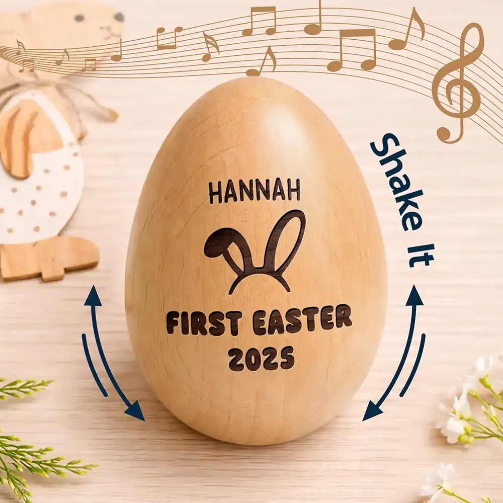 First Easter With Custom Name - Personalized Musical Wooden Easter Egg Shaker - Image 2
