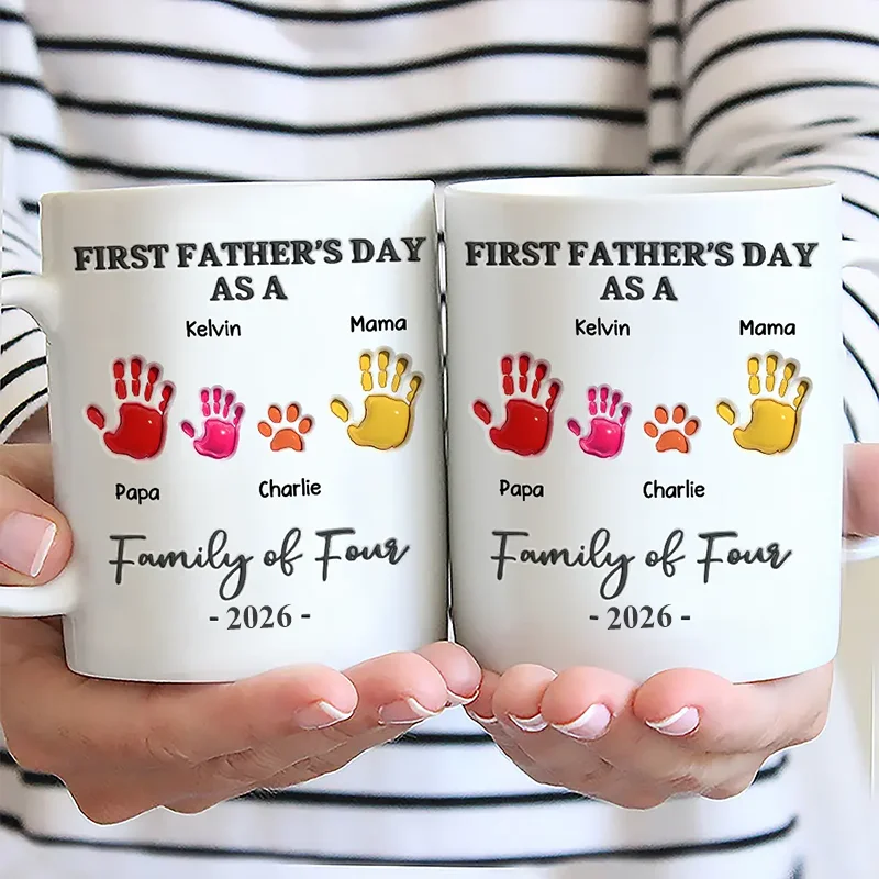 First Time Ever As A Family Of Three Handprints - 3D Inflated Effect Printed Mug, Personalized Mug - Image 3