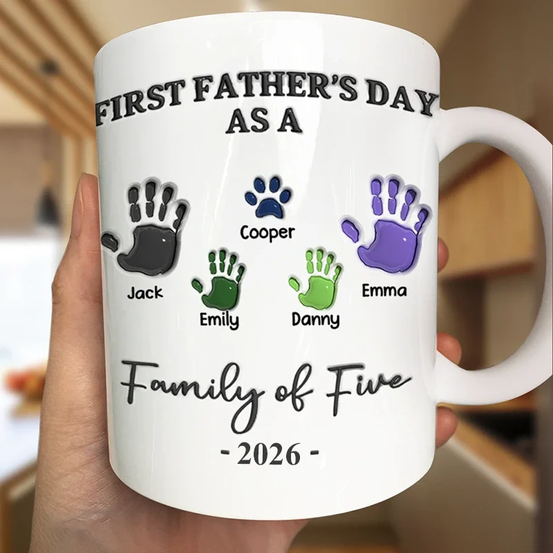 First Time Ever As A Family Of Three Handprints - 3D Inflated Effect Printed Mug, Personalized Mug - Image 4