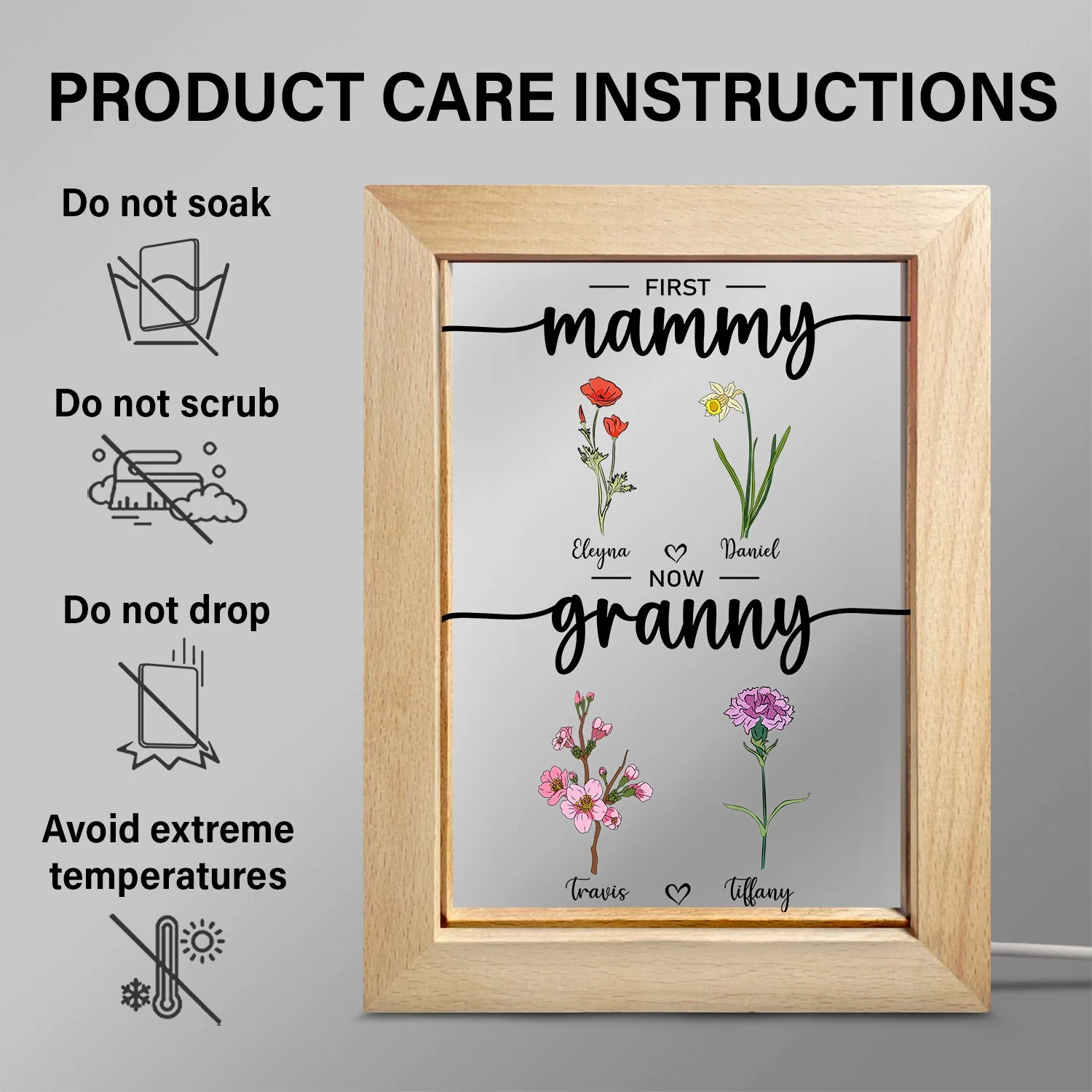 First Mama Now Nanny Flowers - Gift For Grandma, Nana, Granny - Personalized Frame Lamp - Image 6