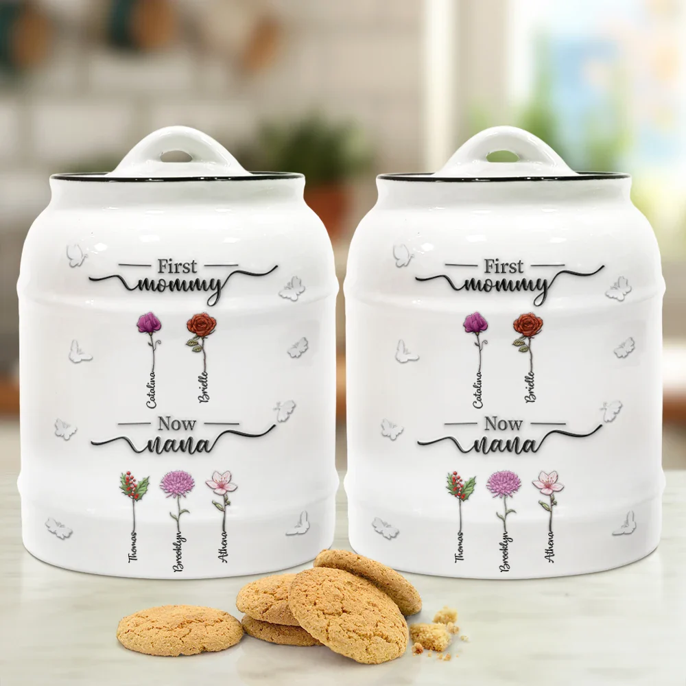 First Mom Now Grandma 3D Effect Birth Flowers - Personalized Cookie Jar - Image 2