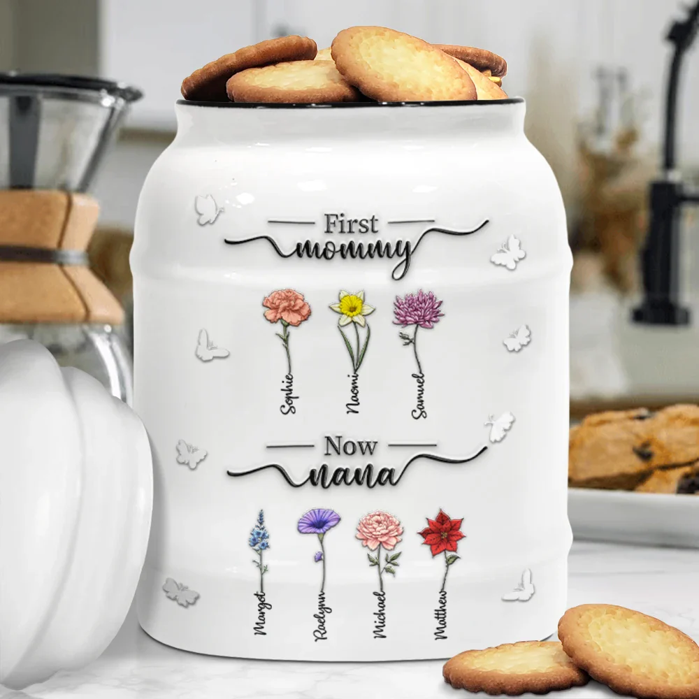 First Mom Now Grandma 3D Effect Birth Flowers - Personalized Cookie Jar - Image 3