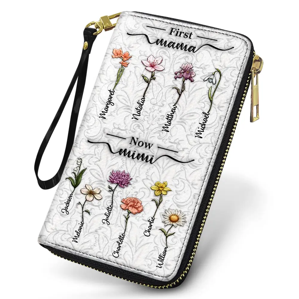 First Mom Now Grandma 3D Effect Birth Flowers - Personalized Leather Long Wallet - Image 2