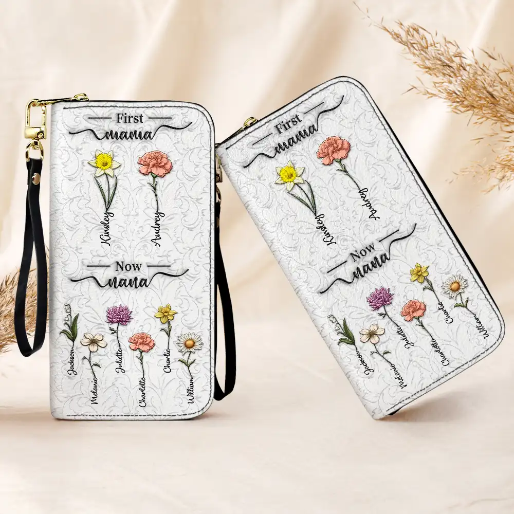 First Mom Now Grandma 3D Effect Birth Flowers - Personalized Leather Long Wallet - Image 4