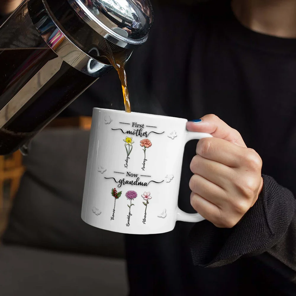 First Mom Now Grandma 3D Effect Birth Flowers - Personalized White Edge-to-Edge Mug - Image 4