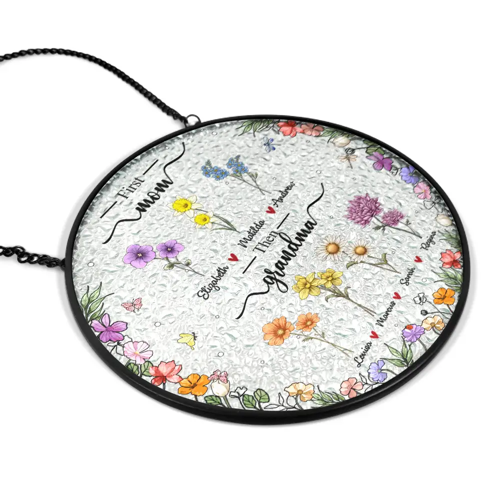 First Mom Now Grandma Birth Flower - Personalized Stained Glass Window Hanging Suncatcher - Image 2