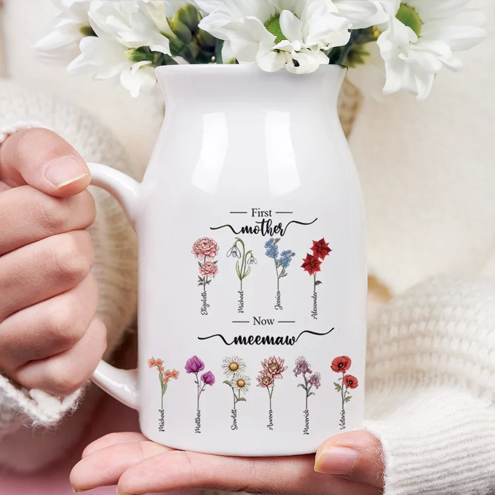 First Mom Now Grandma Birth Flowers - Personalized Ceramic Flower Vase - Image 3