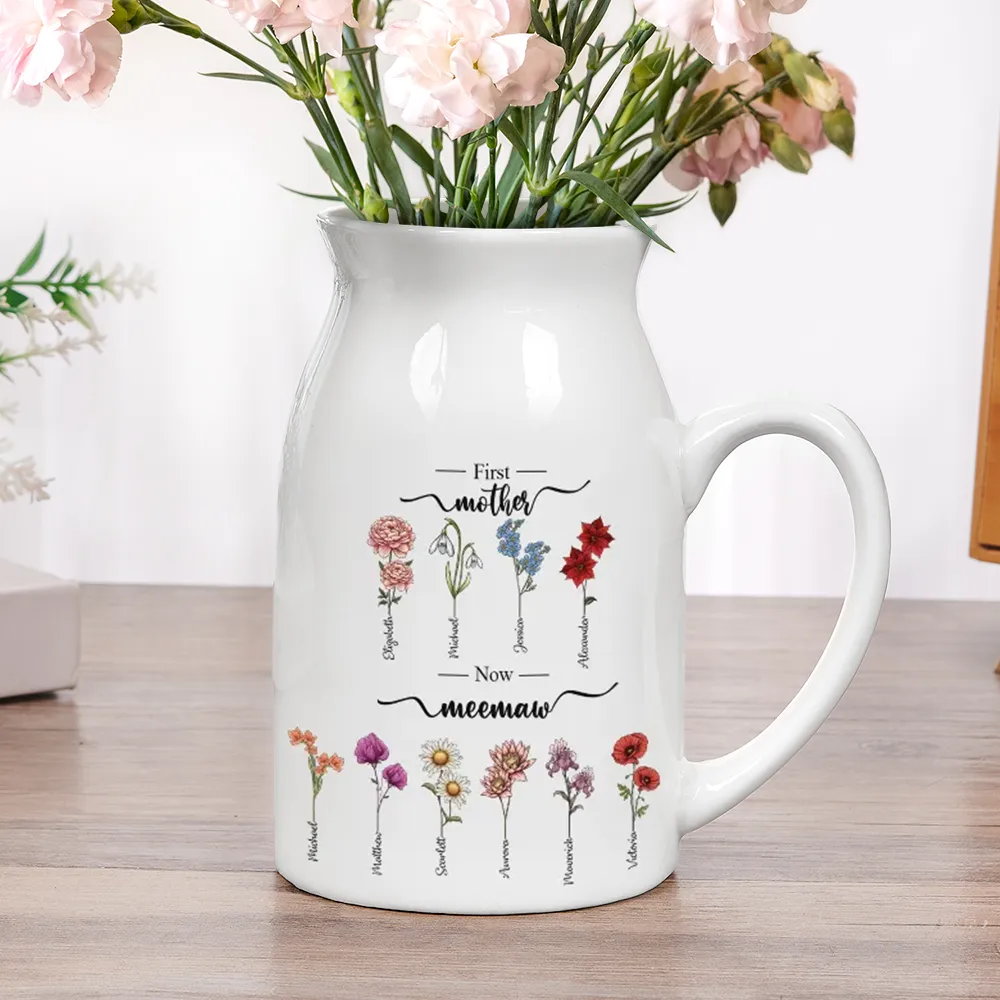 First Mom Now Grandma Birth Flowers - Personalized Ceramic Flower Vase - Image 5