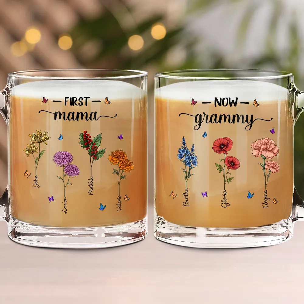 First Mom Now Grandma Birth Flowers - Personalized Glass Mug - Image 2