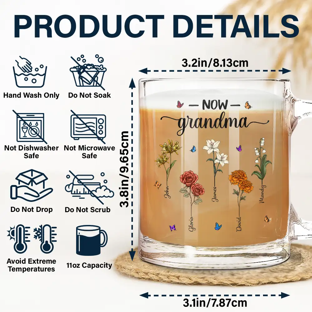 First Mom Now Grandma Birth Flowers - Personalized Glass Mug - Image 5