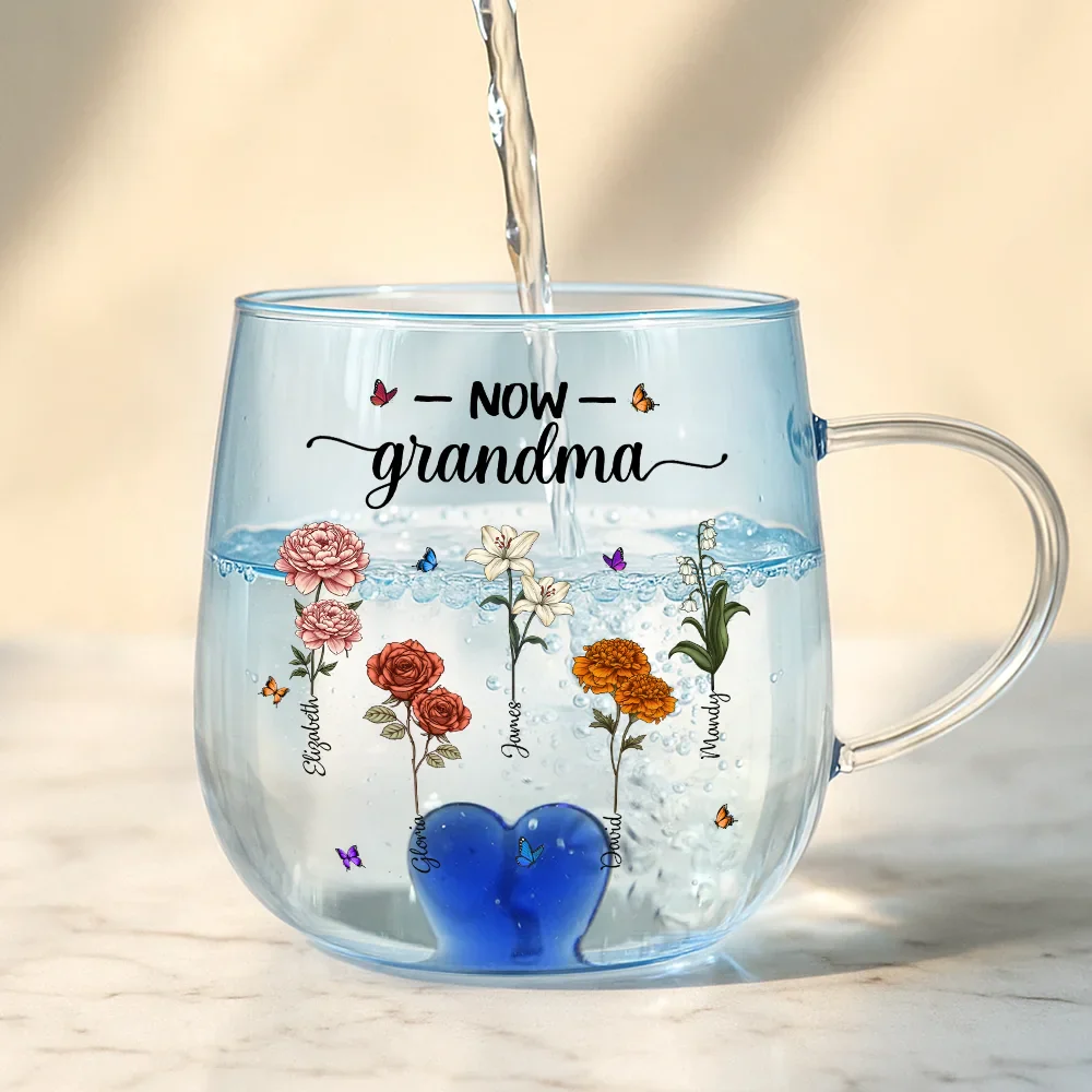 First Mom Now Grandma Birth Flowers - Personalized Gradient Glass Mug - Image 4