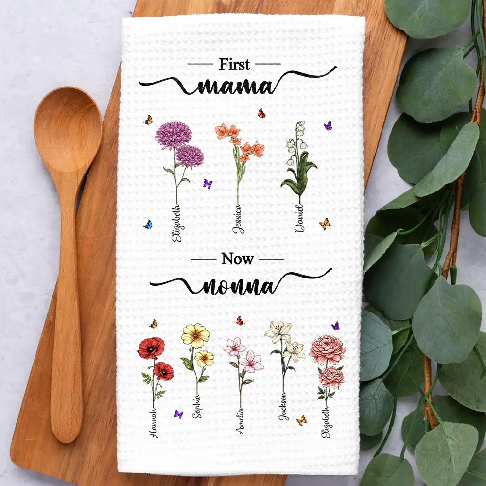 First Mom Now Grandma Birth Flowers - Personalized Kitchen Towel - Image 2