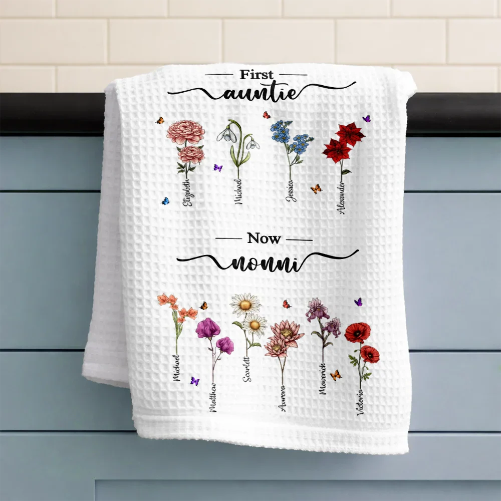 First Mom Now Grandma Birth Flowers - Personalized Kitchen Towel - Image 3