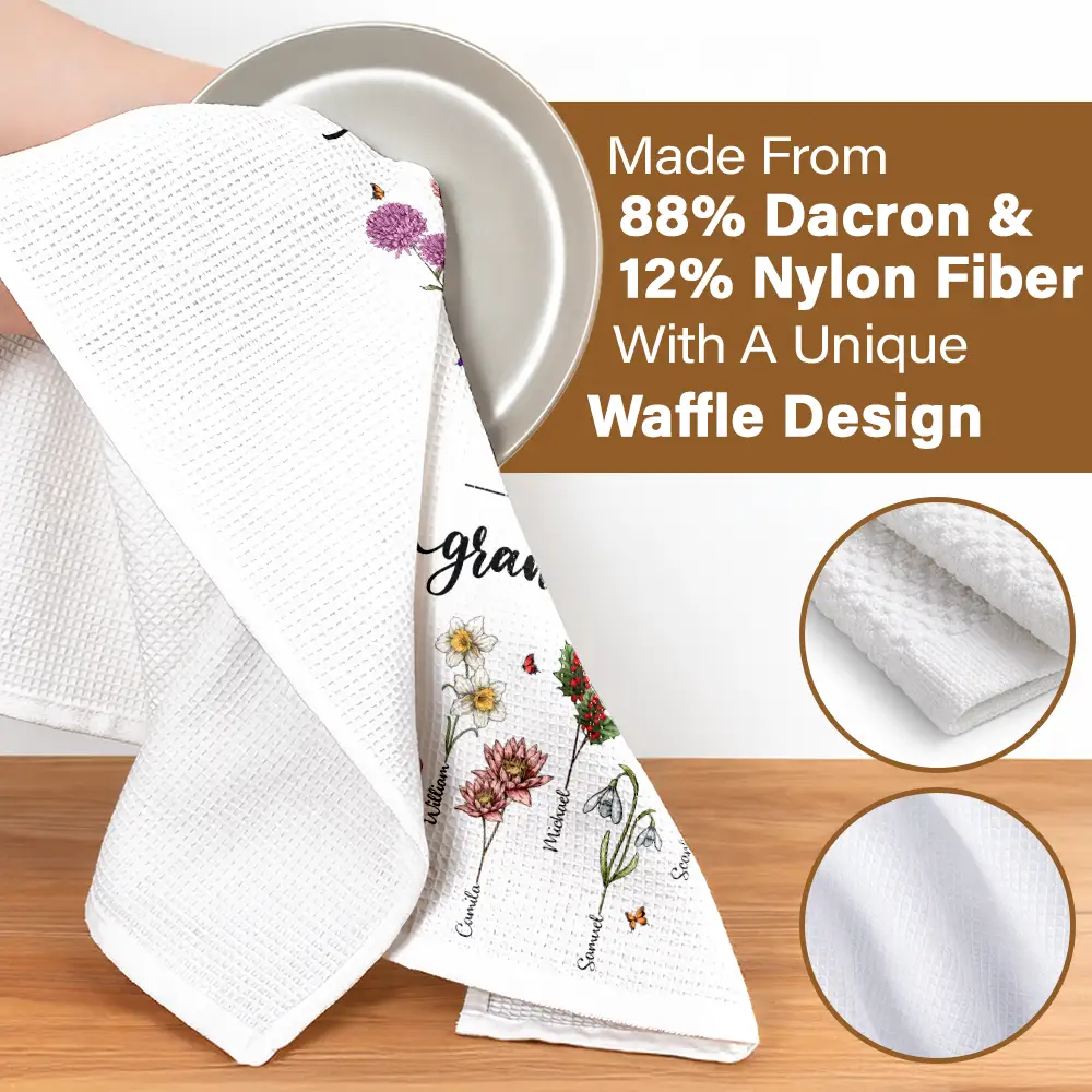 First Mom Now Grandma Birth Flowers - Personalized Kitchen Towel - Image 4