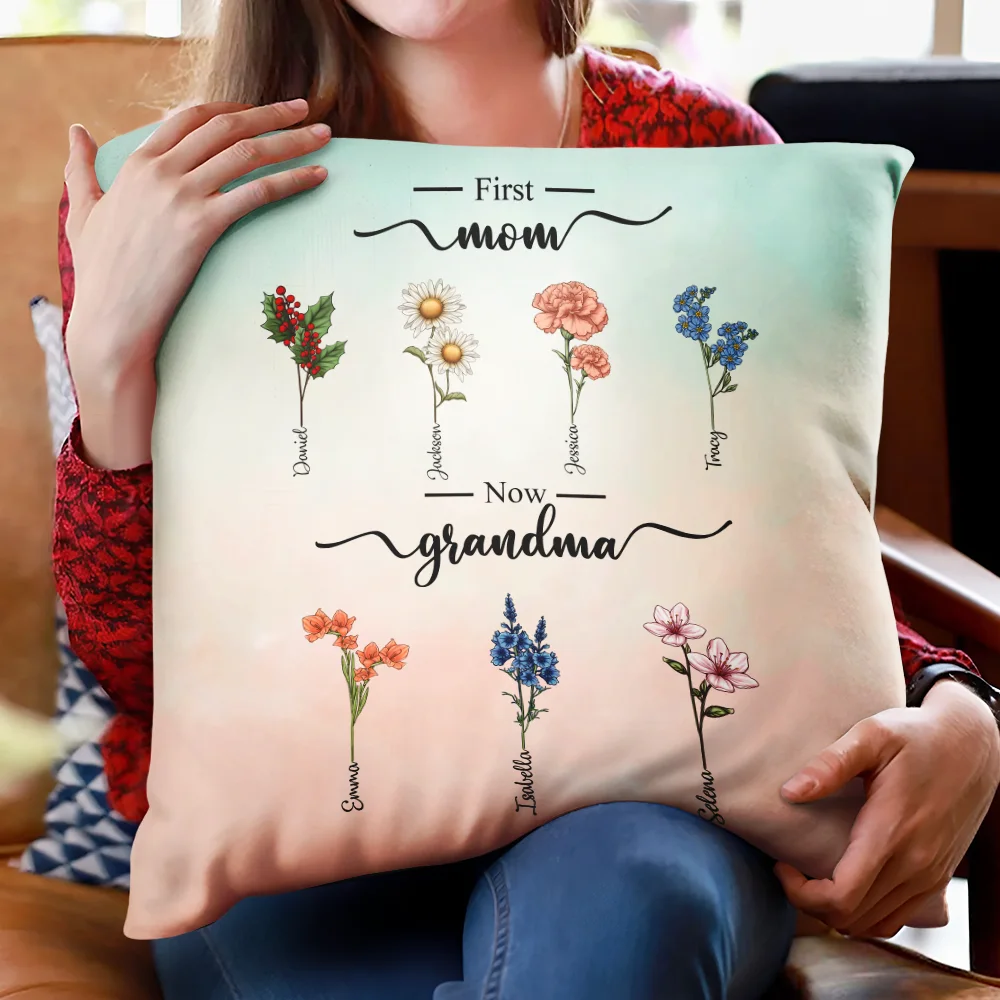 First Mom Now Grandma Birth Flowers - Personalized Pillow - Image 2