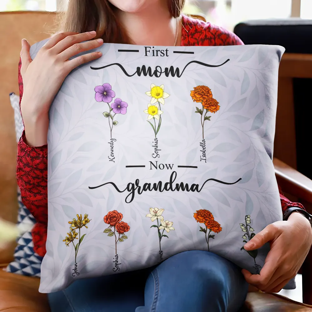First Mom Now Grandma Birth Flowers - Personalized Pillow - Image 2