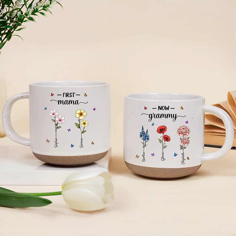 First Mom Now Grandma Birth Flowers - Personalized Pottery Mug - Image 2