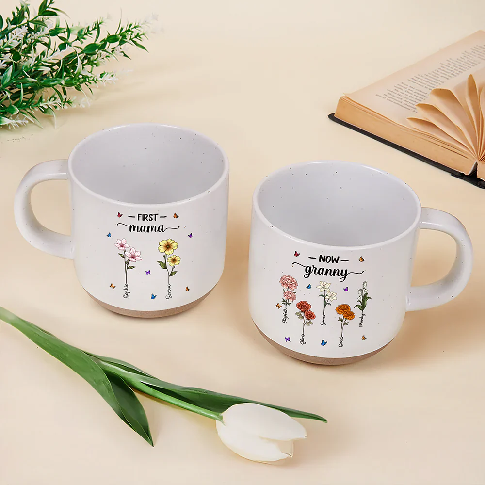 First Mom Now Grandma Birth Flowers - Personalized Pottery Mug - Image 3