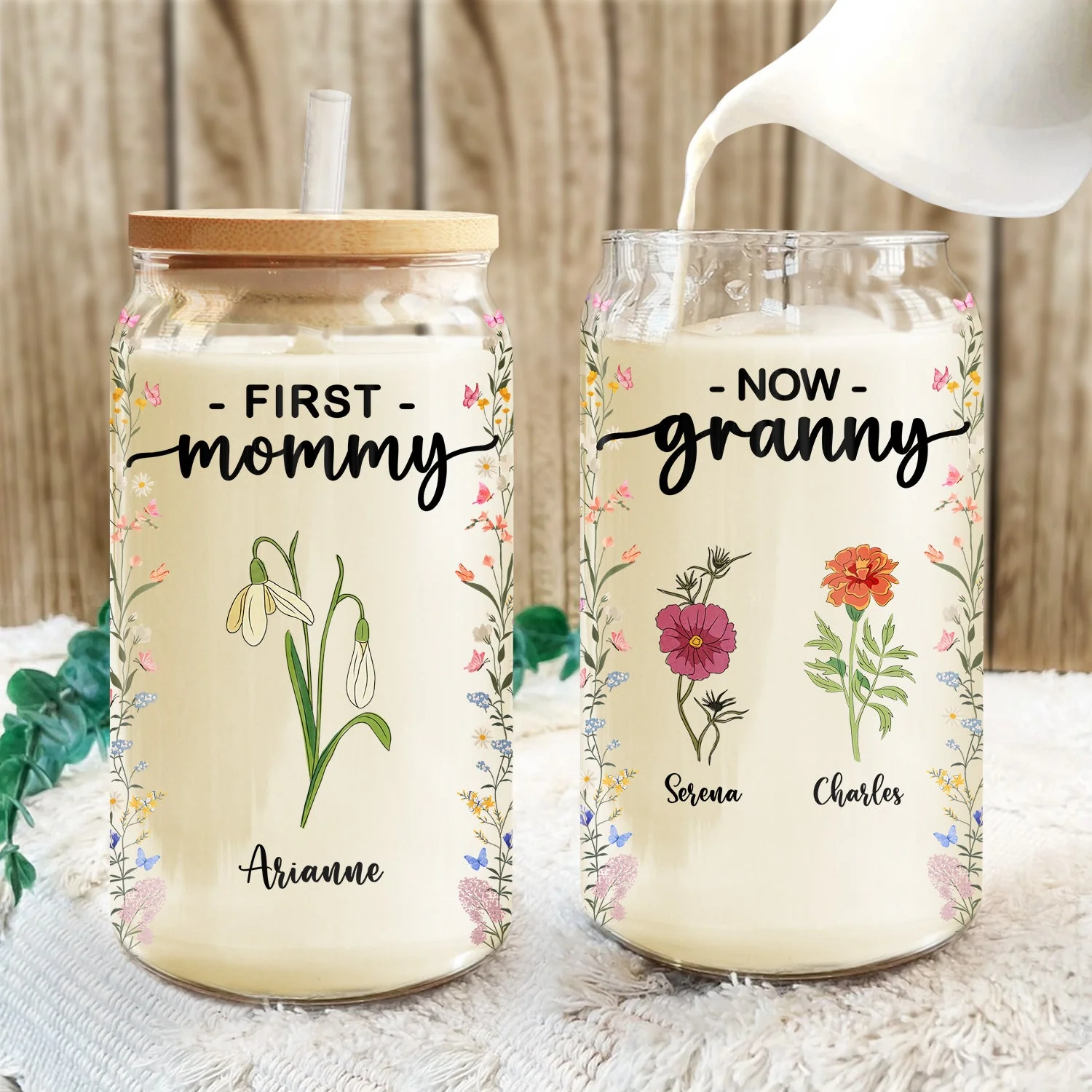 First Mom Now Grandma Birth Month Flowers - Gift For Mommy, Nana - Personalized Clear Glass Can - Image 3