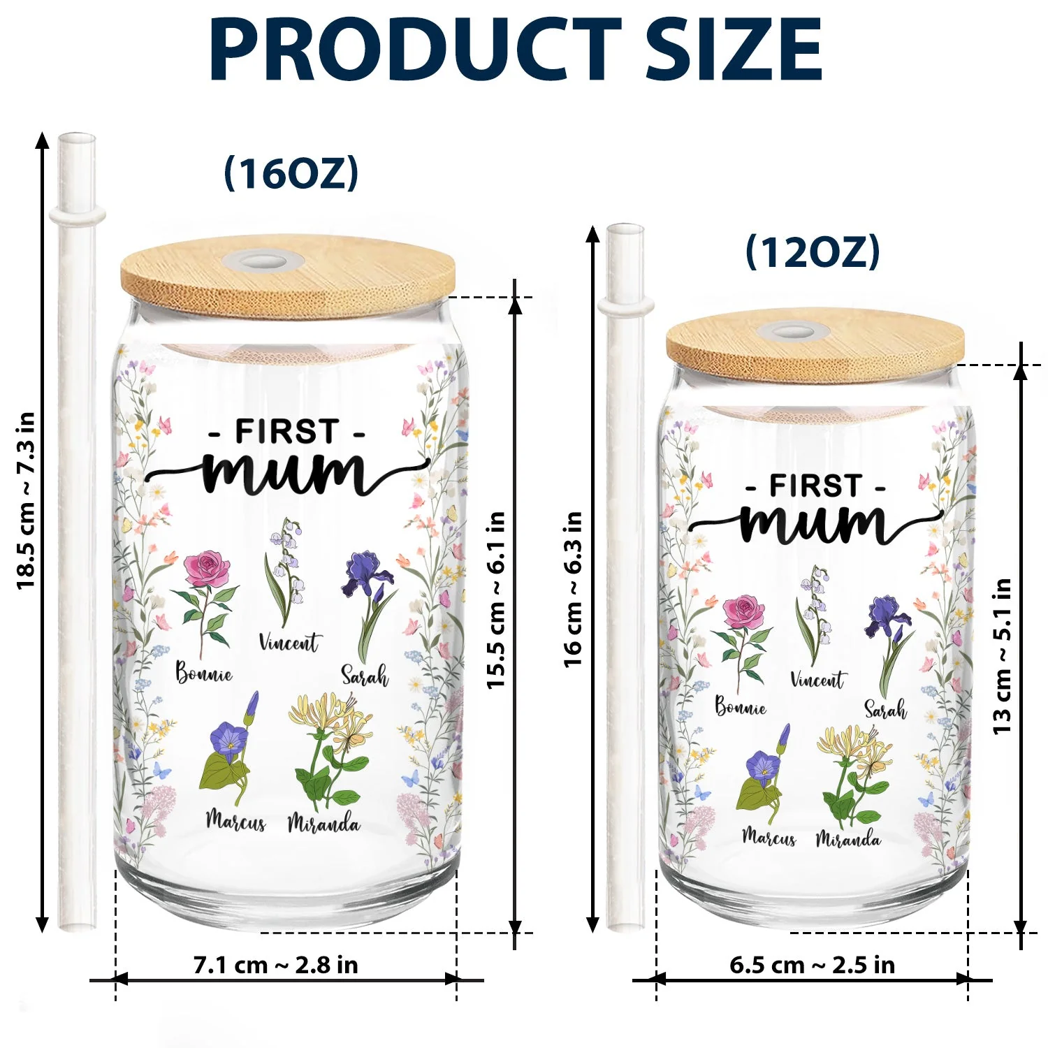 First Mom Now Grandma Birth Month Flowers - Gift For Mommy, Nana - Personalized Clear Glass Can - Image 5